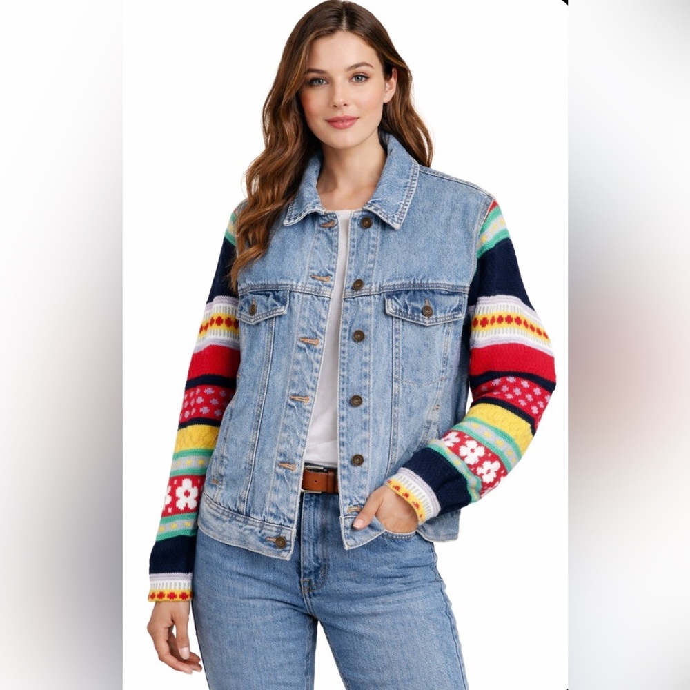 Upcycled‎ Colorful Denim Jacket with Knit Sleeves